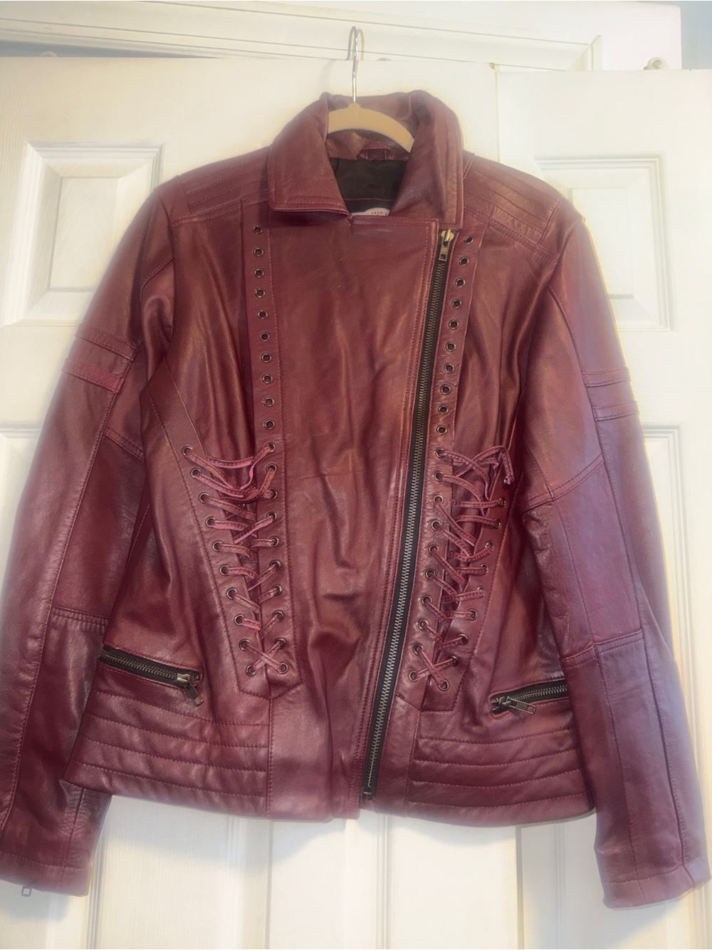 Women's Asymmetrical Lace-Up Faux Leather Jacket - Burgundy